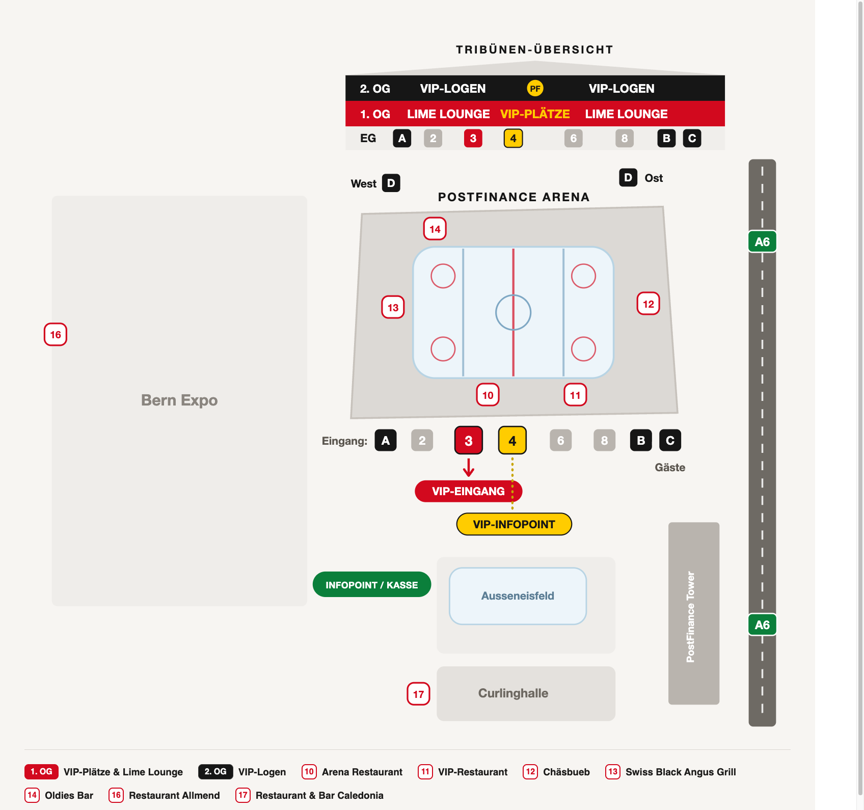 Stadionplan der PostFinance Arena mit Eingängen und Infopoint